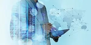 Double exposure of businessman working with new modern computer show social network structure and bokeh exposure