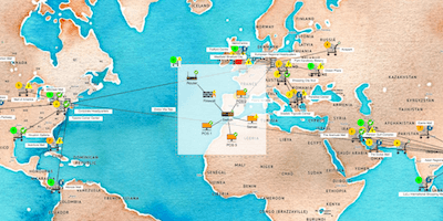 Geographical map showing locations of devices in a computer network of a global retail chain