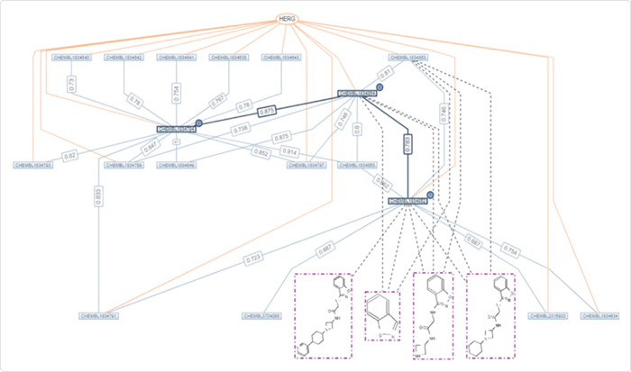 A chemical similarity analysis application utilizing different imagery and treatment for different types of entities to aid understanding