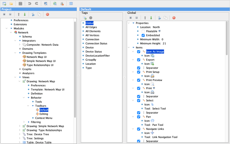 Perspectives Designer toolbar customization options.