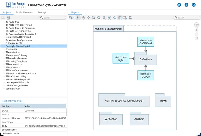 All of your models from your SysML v2-API compliant repository are easily accessible from the SysML v2 Viewer tree view.