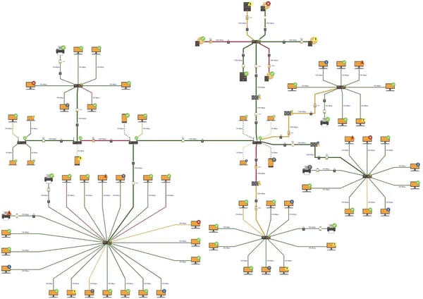 The Microwave Network Editor demo visualizes network topology, device status, link capacity, and potential service issues across a complex telecommunications network.