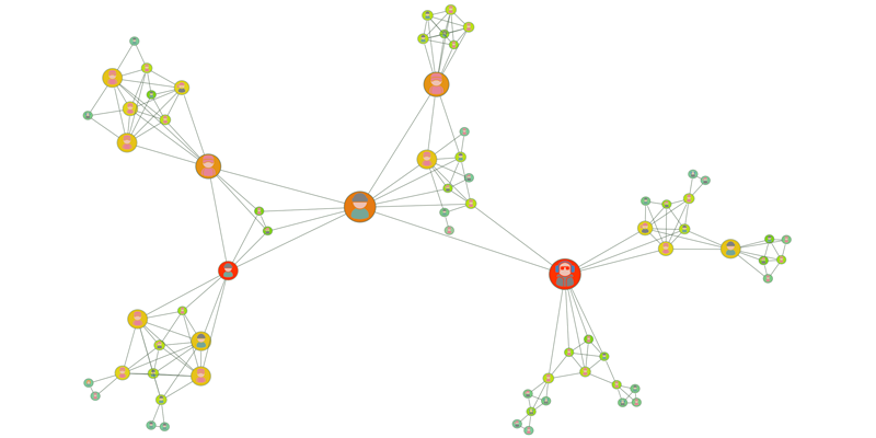Graph visualization of a criminal network showing ringleaders and middle-men.